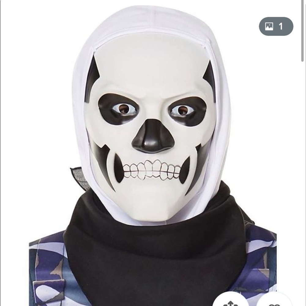 Adult Fortnight Skull Trooper Mask with attached white hood with Velcro neck.